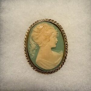 Vintage Green Cameo Brooch • Large Oval Silhouette Pin with Gold Trim